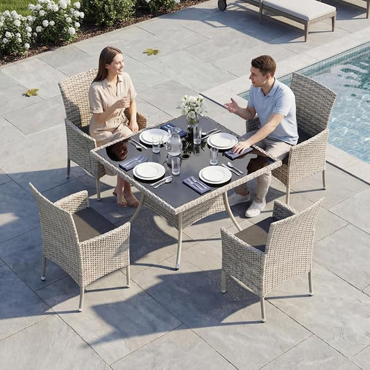 5-Piece Patio Dining Set, Patio Furniture Set with Square Tempered Glass Table & 4 Wicker Chairs, Expandable Design for Larger Groups, Outdoor Furniture for Backyard, Deck, Garden, Dark Grey