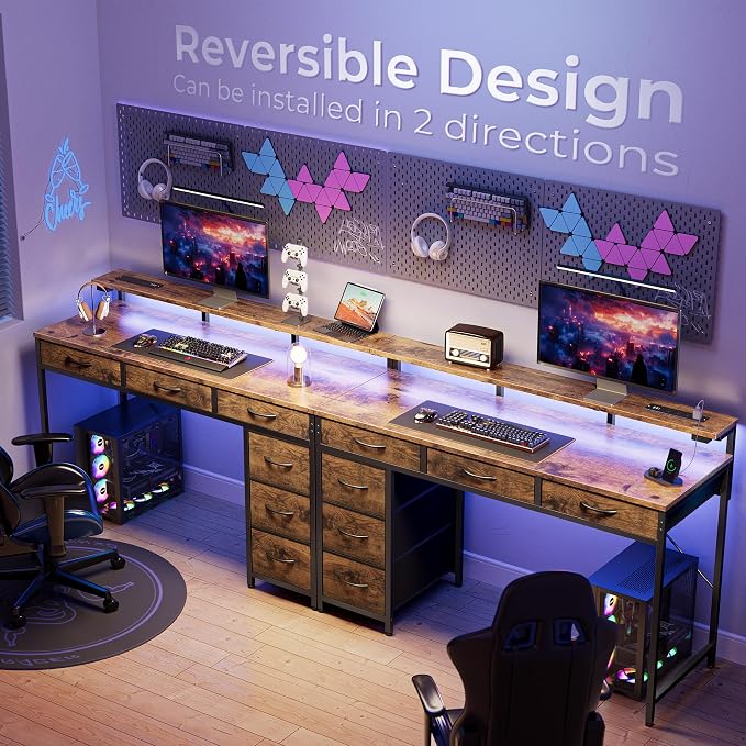 Huuger Gaming Desk with 6 Drawers, Computer Desk with LED Lights Power Outlets and Type-C, 47 Inch Office Desk with Storage, Monitor Stand, Writing Work Desk for Home Office, Rustic Brown,1CD101F