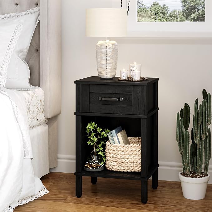 Farmhouse Nightstand with Drawer, Small Wood Side Table, Wooden Bedroom Nightstand, Wood Night Stand, Black Bedside Table with Storage, Black End Table for Living Room LET512B