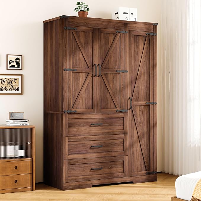 70" Tall Wardrobe Closet with 3 Doors & 3 Drawers, Farmhouse Armoire with Hanging Rod, Wooden Armoire Wardrobe Closet for Bedroom, Freestanding Clothing Storage Cabinet, Brown