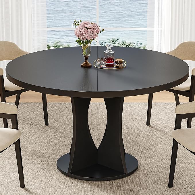 iPormis 47 Inch Round Dining Table for 4-6 People, Wooden Dining Room Table with Pedestal Base, Modern Kitchen Table for Small Spaces, Black, Table Only