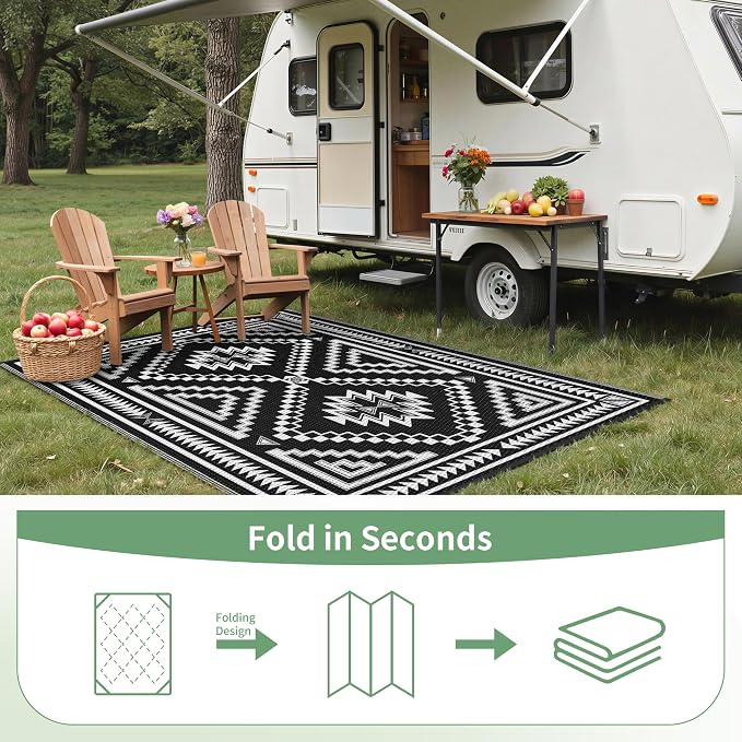 GENIMO Outdoor Rug for Patio Clearance - 6x9 ft Waterproof Plastic Camping Rugs, Reversible Outside Rv Mat Carpet for Porch, Deck, Picnic, Balcony, Beach, Backyard, Black White