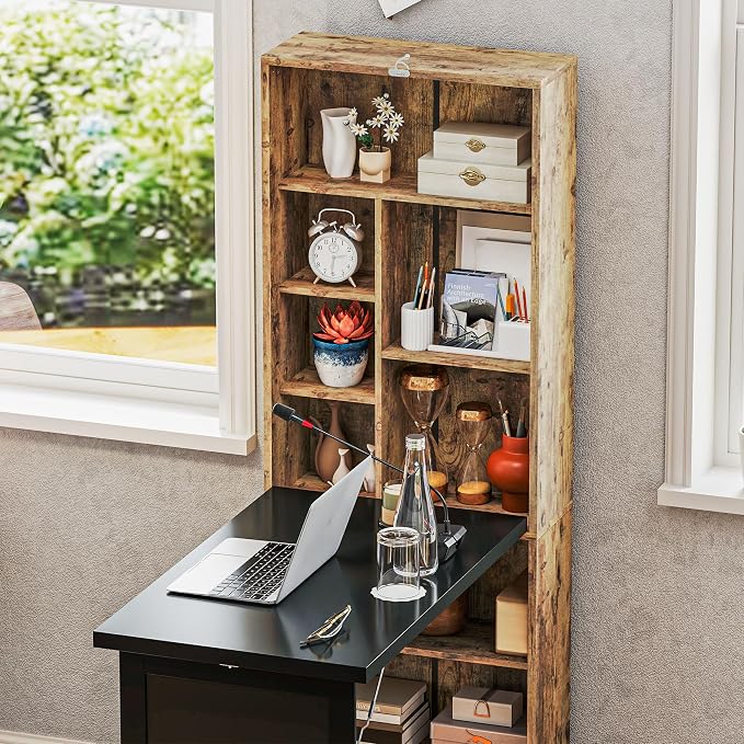 HOMCOM Foldable Convertible Writing Table, Wall Mounted Space-Saving Computer Desk with Chalkboard and Storage Shelves for Small Spaces, Home Office, Bedroom, Dorm, Apartment, Rustic Brown