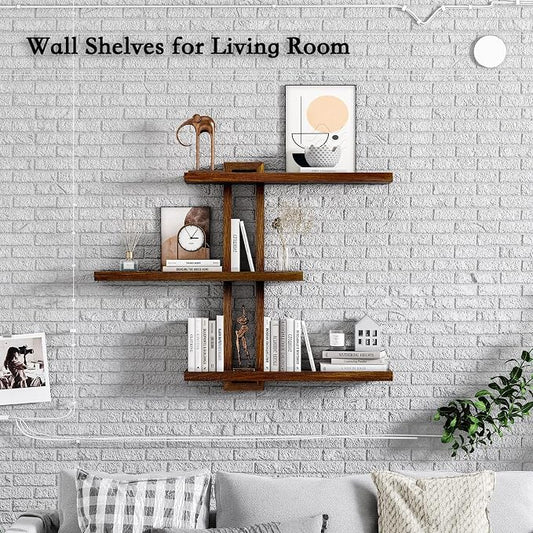 yaqew Variable Floating Shelves Wood Set of 3, Bathroom Shelves 28.35" Max, Rustic Wall Shelves for Living Room Bedroom Farmhouse - Dark Walnut Color - 28.35" x 23" x 4.3" Max