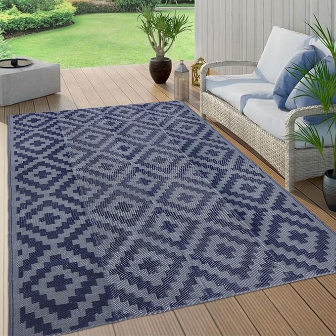 SAND MINE Reversible Mats, Plastic Straw Rug, Modern Area Rug, Large Floor Mat and Rug for Outdoors, RV, Patio, Backyard, Deck, Picnic, Beach, Trailer, Camping (5' x 8', Blue Grey Lattice)