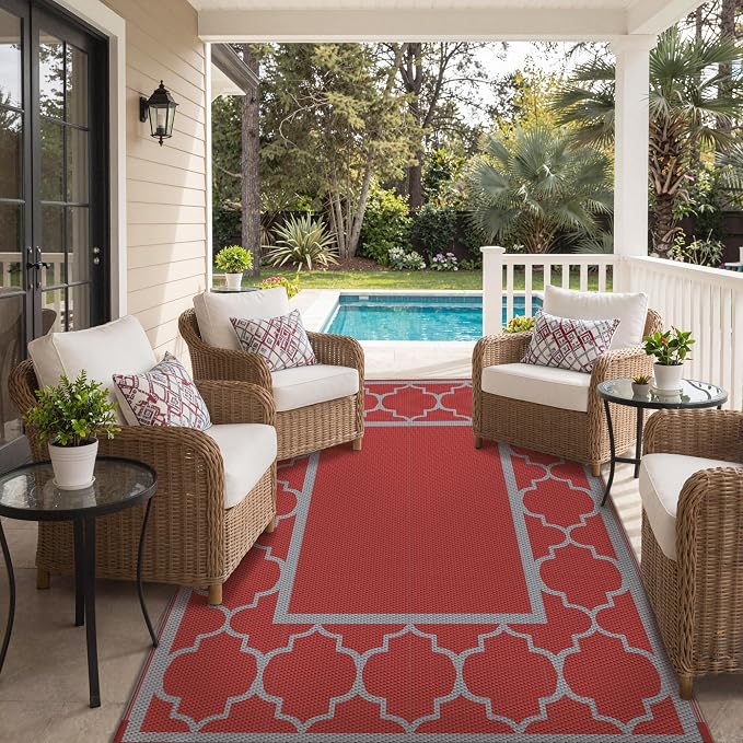 GENIMO 5' x 8' Outdoor Rug Waterproof for Patio Decor, Foldable Reversible Plastic Straw Area Rugs Mat for Camper, Outside Carpet for Rv, Deck, Porch, Picnic, Beach, Balcony, Red & Grey