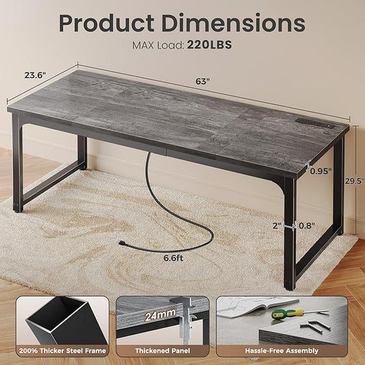 Huuger 63 x 24 inch Desk with Power Outlets & USB-C, Deeper & Thicker Desktop, Robust Metal Tubes, Computer Desk, Heavy Duty Office Desk, Work Gaming Desk, for Home Office, Grey