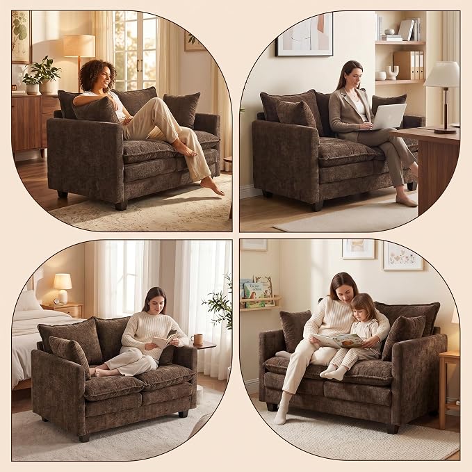 Loveseat Sofa with Cloud 3-Layer Cushion & 27" Deep Seat, Modern Love Seat Small Couch with 2 Washable Pillows for Small Spaces, Bedroom, Apartment, Office, Living Room, in a Box, 50-Inch Cocoa Brown