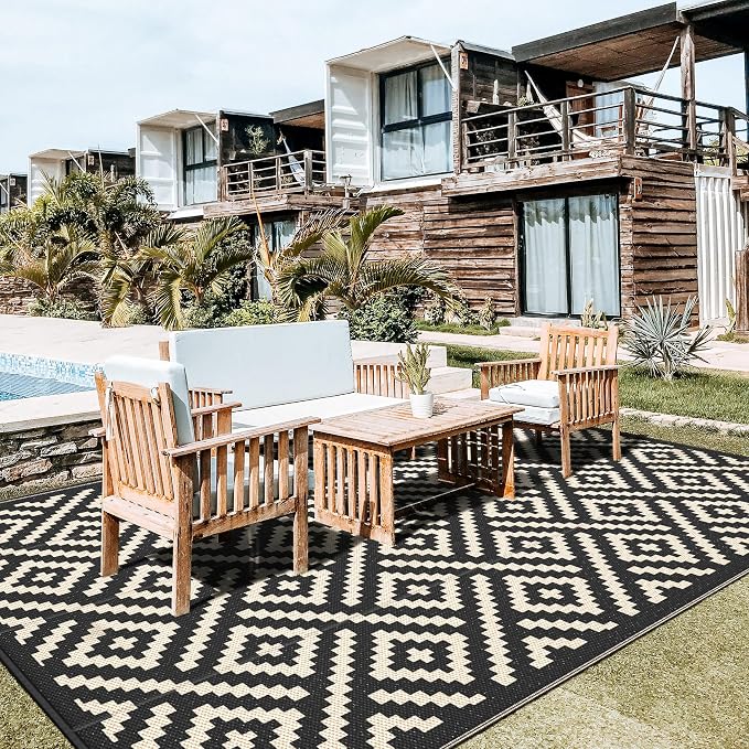 GENIMO Outdoor Rug for Patio Clearance, 10'x14' Waterproof Large Camping Mat, Reversible Plastic Straw Rugs for RV, Camper, Balcony, Backyard, Picnic, Deck (Black & Beige)