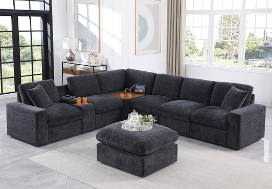 Ball & Cast 127" Oversized Modular L-Shaped Sectional Sofa,Large Chenille Upholstered Couch 7 Seat with Ottoman,Cup Holders&USB Ports,Comfty Sectionals W/Pillows&Storage Box,for Living Room,Dark Gray