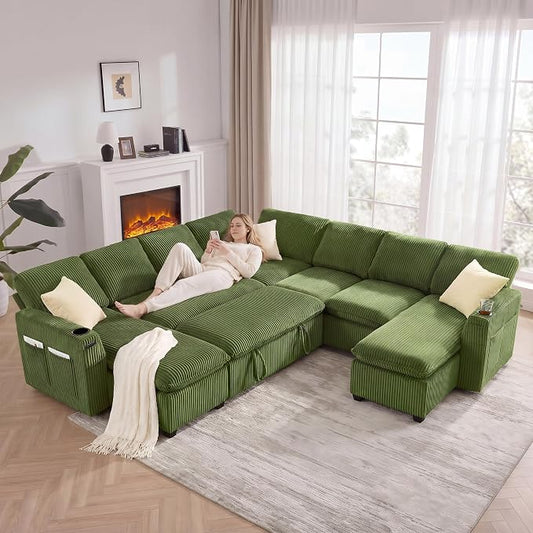 Oversized Sectional Sleeper Sofa with Pull Out Bed, Plush Corduroy 9 Seat Modular Sofa with Storage Chaise and Adjustable Backrest, Cloud Couches for Living Room, Apartment, Green
