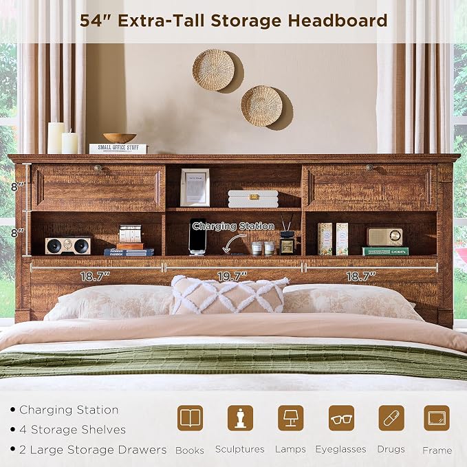 Farmhouse Queen Size Bed Frame with 54" Tall Headboard, Headboard with 4 Storage Rack, 2 Drawers, Wood Platform Bed Frame,18" Roman Column Decoration Footboard,No Box Spring Needed(Reclaimed Barnwood)