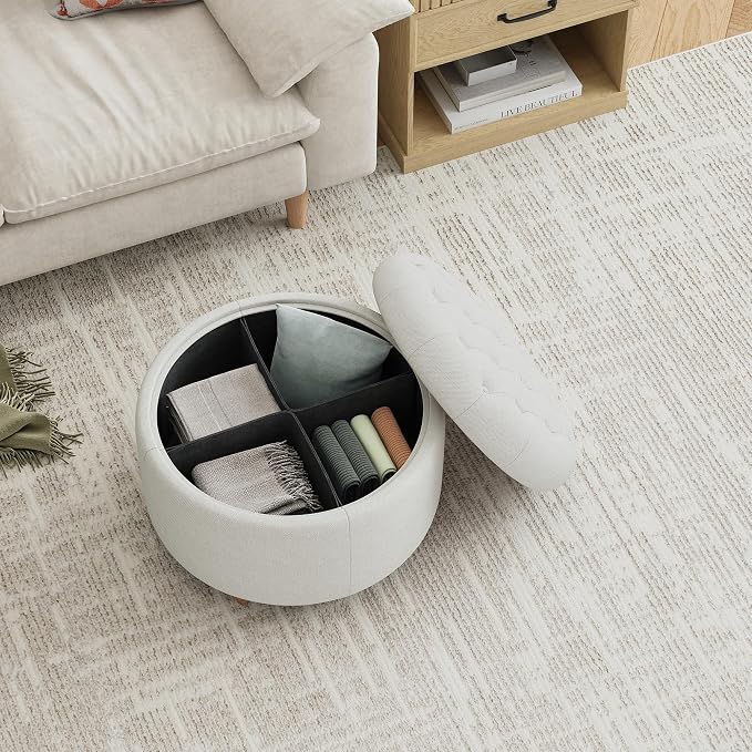 25Inch Round Ottoman with Storage, Tufted Fabric Modern Circle Ottoman with Reversible Tray Lid and Wood Legs, Multi-Functional Small Coffee Table for Living Room, Bedroom, Beige