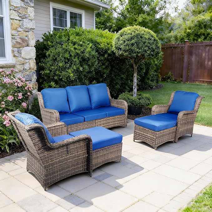 Outdoor Patio Furniture Set, 33" High Back Chairs with 4" Thick Cushions, 5 Pieces Outdoor Seating Furniture, Sectional Sofa Set with 2 Chairs, 2 Ottomans and 1 Sofa for Porch Deck Garden, Blue
