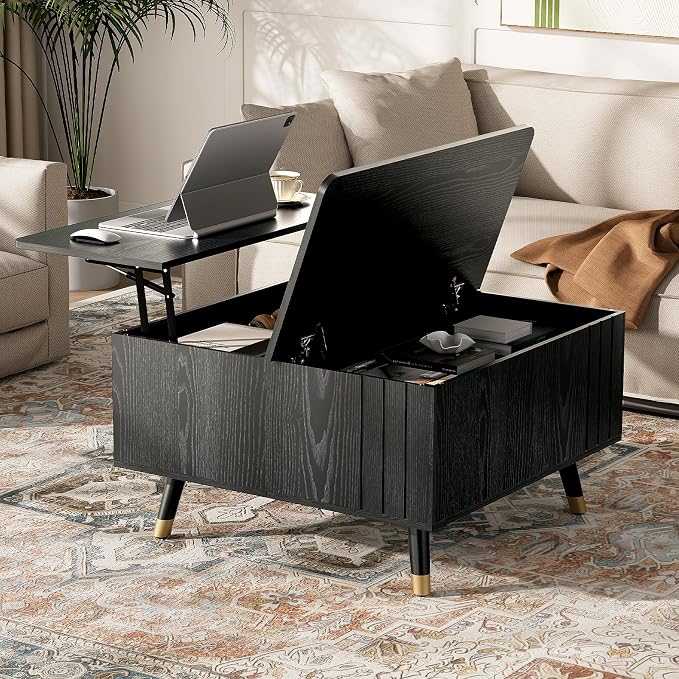 JOINICE 32" Square Lift Top Coffee Table with Storage, Modern Black Center Table for Living Room, Minimalist Wood Cocktail Table with Rising Desktop, Home Office