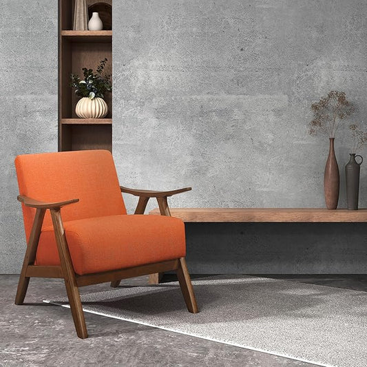 Lexicon Mid Century Modern Accent Chair with Solid Wood Frame in Walnut Finish, Upholstered Living Room Lounge Arm Chair, Thick and Comfy Innerspring Seat Cushion, Linen-Look Fabric, Orange