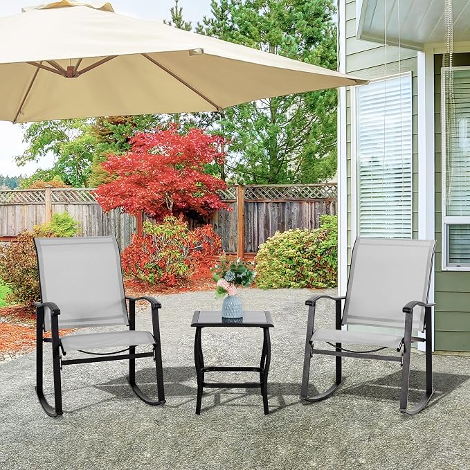 Vongrasig 3 Piece Outdoor Rocking Bistro Set, Textilene Fabric Small Patio Furniture Set, Front Porch Rocker Chairs Conversation Set with Glass Table for Lawn, Garden, Balcony, Poolside (Light Gray)