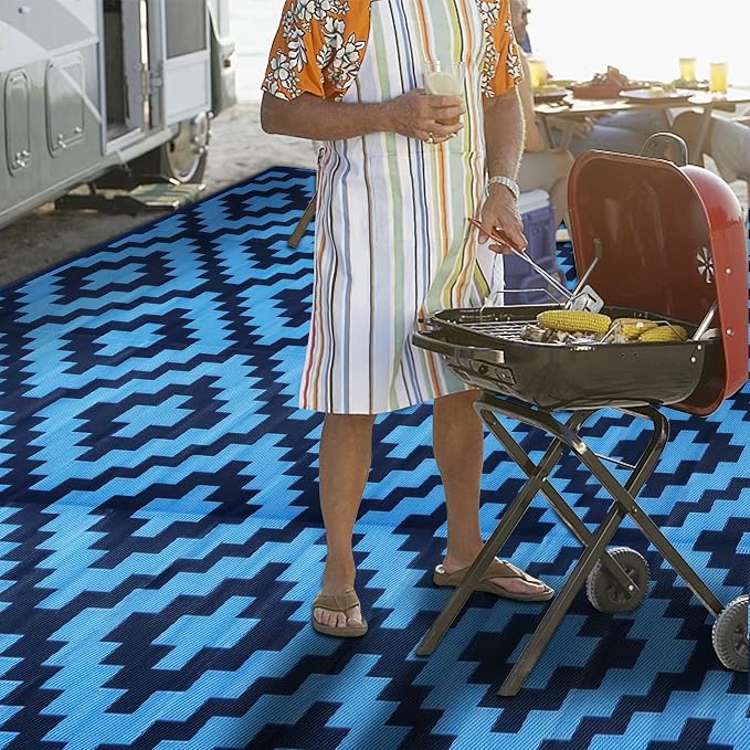 SAND MINE Reversible Mats, Plastic Straw Rug, Modern Area Rug, Large Floor Mat and Rug for Outdoors, RV, Patio, Backyard, Deck, Picnic, Beach, Trailer, Camping, Blue, 9' x 12'