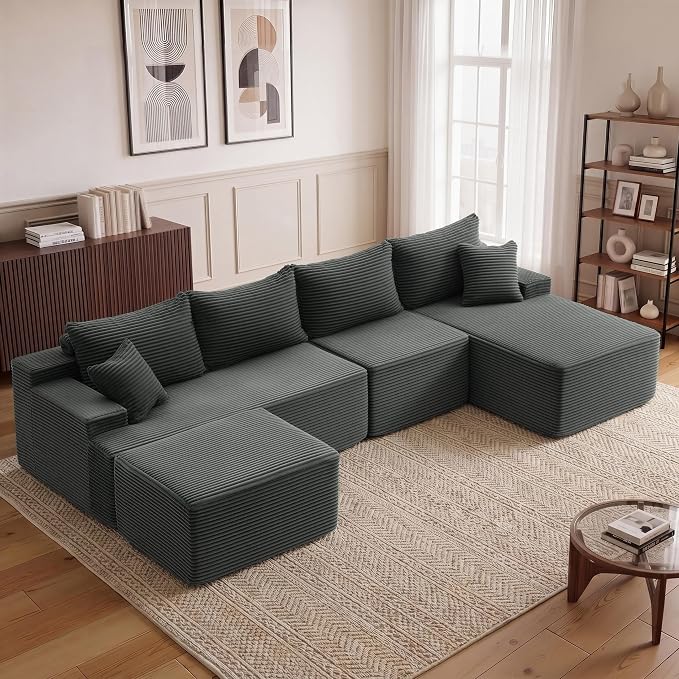Mangodan 118'' Cloud Sectional Couch, U Shaped Boneless Couches for Living Room, Modular Sectional Sofa with Deep Seat Right Facing Chaise, Comfy Cloud Couch Sofa, Gray