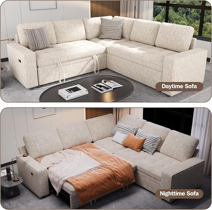 Sunny Heart Chenille Modular Sectional Sleeper Sofa with Pull Out Bed, L Shaped Sectional Sofa with USB Ports/Adjustable Backrest/Storage Seats, Tool-Free Assembly, Couches for Living Room Beige