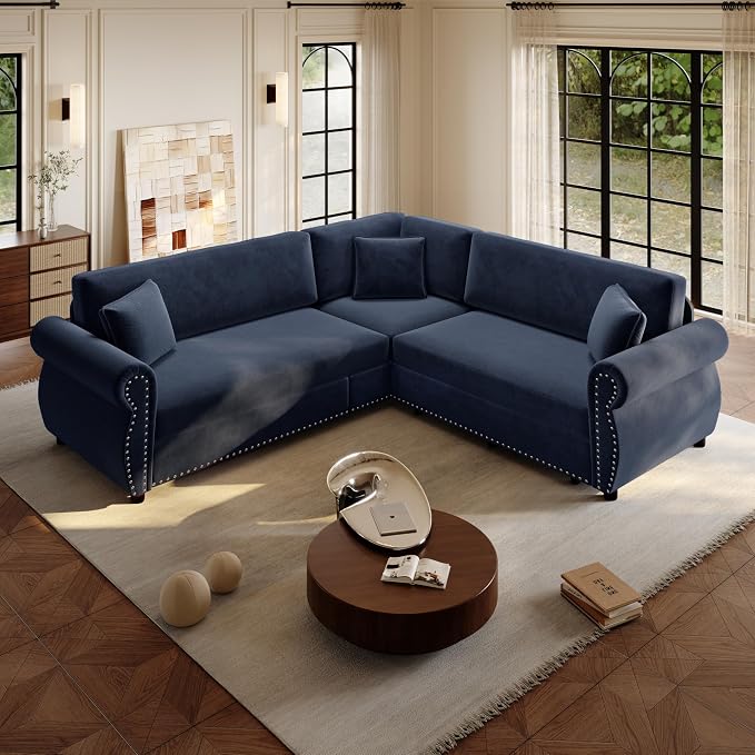 88.2" Sectional Sleeper Sofa with Pull Out Bed - Oversize L-Shaped Convertible Sleeper Couch Bed, Button Tufted Chesterfield Sofa, Chenille Vintage Couches for Living Room/Apartment(4-Seater, Blue)