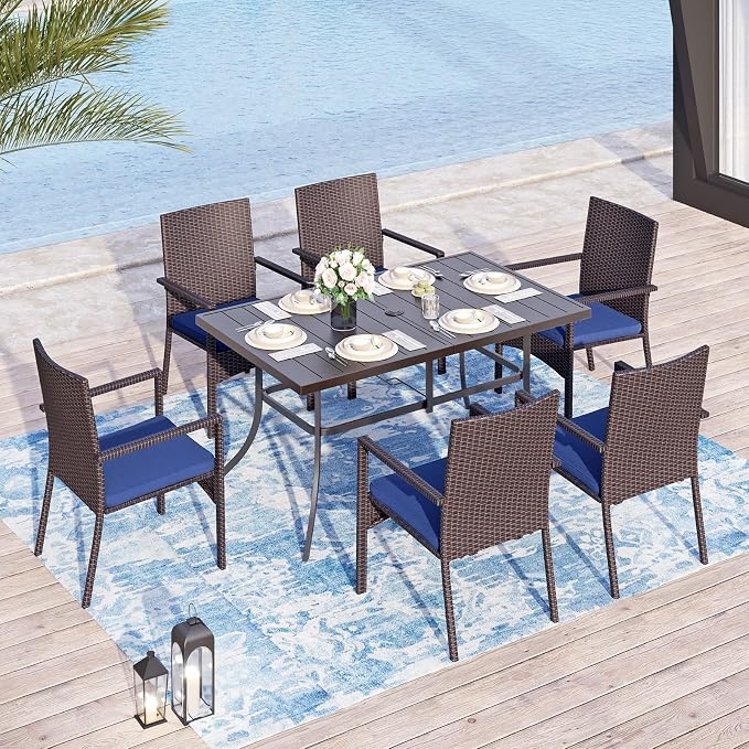 Sophia & William 7pc Patio Dining Set with Navy Umbrella, 6 Rattan Chairs | 6 cushioned rattan chairs + 1 metal table with umbrella. Perfect for backyard, deck, porch. Durable all-weather frame.