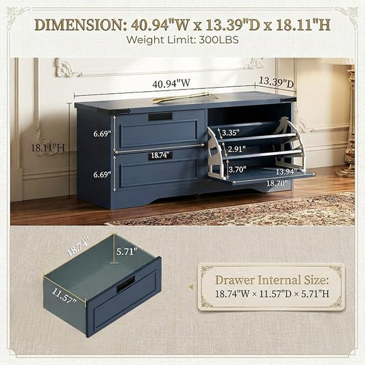 FATORRI 41 Inch Storage Bench, Industrial Shoe Bench for Entryway, End of Bed Bench and Window Bench for Living Room, Bedroom and Mudroom (Blue)