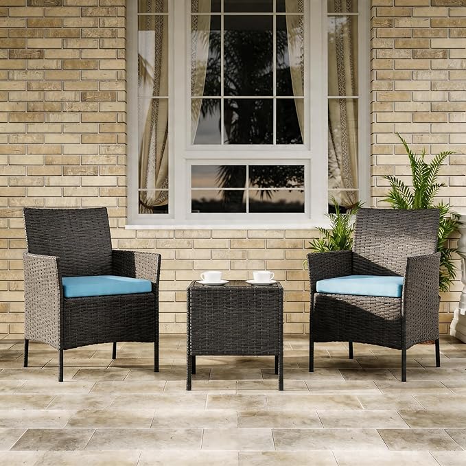 3-Piece Outdoor Furniture Set, PE Rattan Wicker Chairs with Soft Cushions & Tempered Glass Coffee Table - All-Weather Patio Set for Garden, Backyard, Porch, Poolside (Brown/Dark Blue)