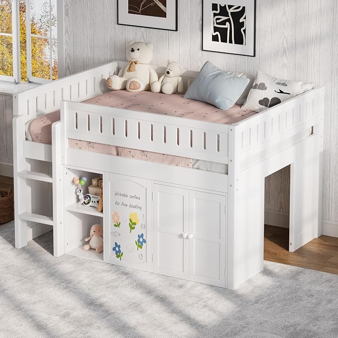Full Size Loft Bed with Storage Cabinet & Chalkboard Panel, Wood Loft Bed Frame, Space-Saving Design, White