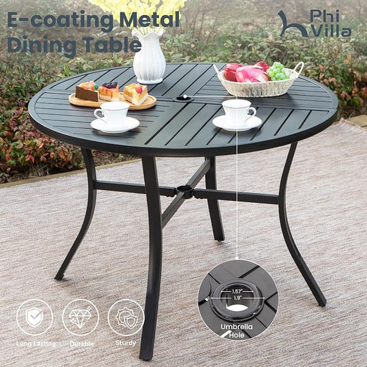 PHI VILLA 5 Pieces Outdoor Round Dining Set for 4, Metal Steel Circle Table with Umbrella Hole & Stacking Wrought Iron Chairs, Modern Furniture Set for Patio, Deck, Backyard, Porch