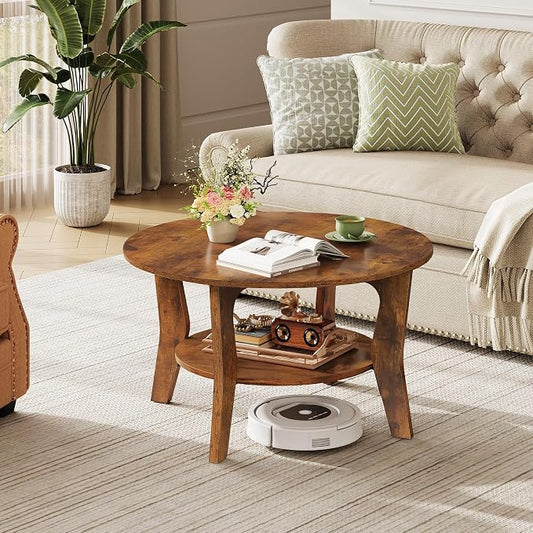 WLIVE Round Coffee Table, 2-Tier Small Coffee Table with Storage Shelf, Circle Wood Center Table for Living Room, Apartment, Easy Assembly, Rustic Brown