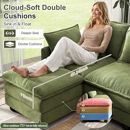 107" Cloud Couch Sectional, U Shaped Modular Sectional Sofa, 4-Seat Deep Seat Couch with 6 Removable Washable Pillows and 2 Ottoman for Living Room, Bedroom, Apartment, Green