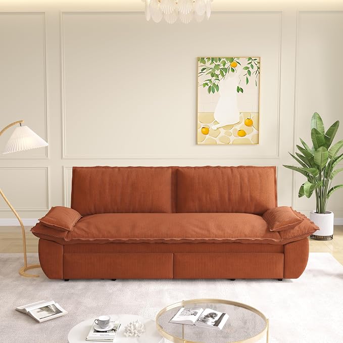 73.2" Sleeper Sofa Bed Queen, 3-in-1 Convertible Couch, Modern Pull Out Couches, Comfy Corduroy Futon Sofa, Cloud Loveseat Lounge, Pillow Arm for Small Spaces, Living Room, Apartment, Orange