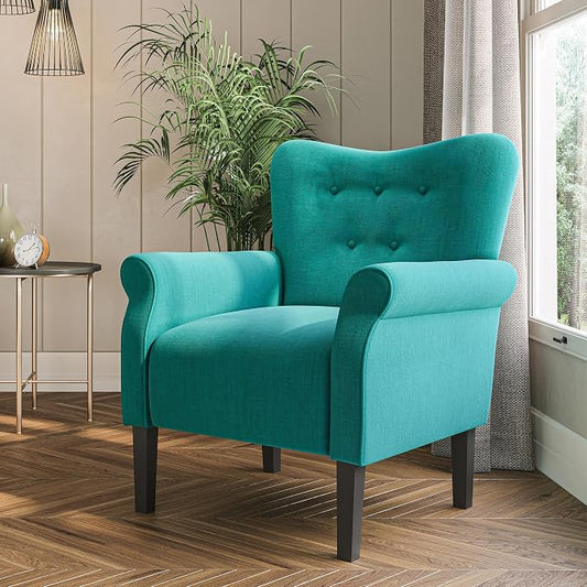 BELLEZE Modern Accent Chair, High Back Armchair, Upholstered Wingback Side Chair, Padded Single Sofa with Wooden Legs for Living Room, Bedroom - Mallard Teal