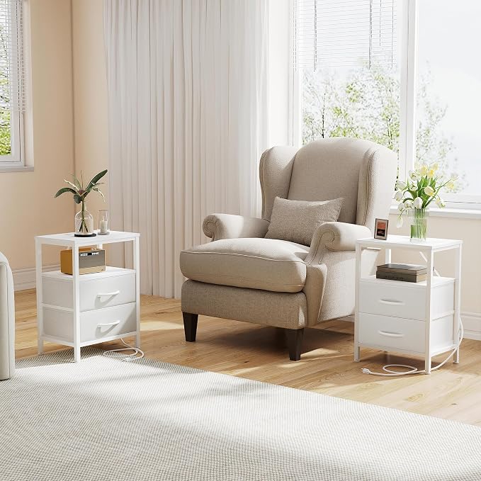 DUMOS Nightstand with Charging Station Built in USB Ports and AC Outlets Bedside Table with Adjustable Fabric Drawer and Open Shelf Modern End Table for Bedroom,White