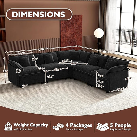Ihanherry 114" V-Shaped Modern Sofa Modular Sectional Cloud Couch with Corner Section, 5-Seat Chenille Deep Seat Sofa with 5 Pillows for Living Room, Bedroom and Apartment, Black