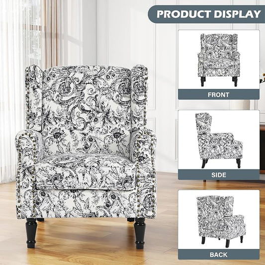 High Back Floral Accent Chair, Fabric Wingback Chair Upholstered Armchair for Living Room - Rococo Black