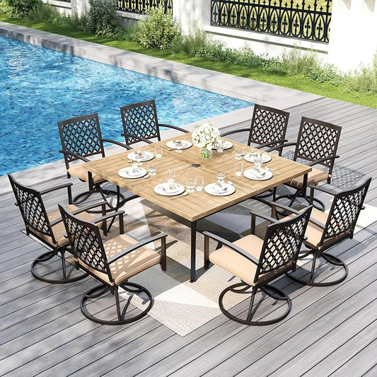 PHI VILLA 9 Pieces Outdoor Dining Set for 8, 60" Square Metal Steel Table with Wood-Like Tabletop & Swivel Wrought Iron Chairs with Cushions, Large Outside Furniture Set for Patio, Deck, Yard, Porch