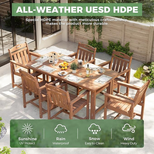 HDPE Outdoor Dining Set, Patio Table and Chairs Set, All-Weather 7-Piece Outside Table and 6 Chairs, 2" Umbrella Hole, Outdoor Furniture for Garden, Poolside, Backyard, Deck | Teak