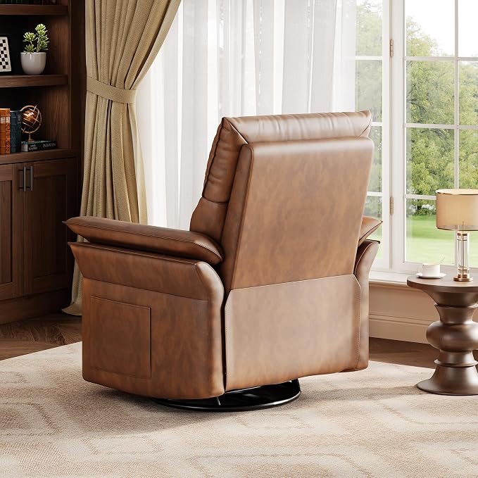 Power Recliner Chair with Side Pockets, 270° PU Leather Swivel & Glider Rocker Armchair with USB Charging Port and Thickened Dual-Layer Armrests, Modern Recliner for Living Room&Nursery (Walnut)