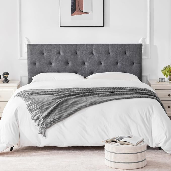 Linen Headboard King Size, Adjustable Height Headboard 37-51 in, Light Gray | Diamond Tufting Solid Wood King Headboards, Durable Metal Legs, Upholstered King Head Board for Bed Frame, Modern Fabric