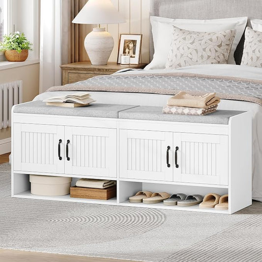 Hzuaneri 55.1" Shoe Storage Bench, 3 Tier Entryway Shoe Bench with Padded Cushion & 4 Doors & Adjustable Shelves, 18-21 Pairs of Bed End Benches, Modern Shoes Rack Benches for Bedroom, White SB41403GY