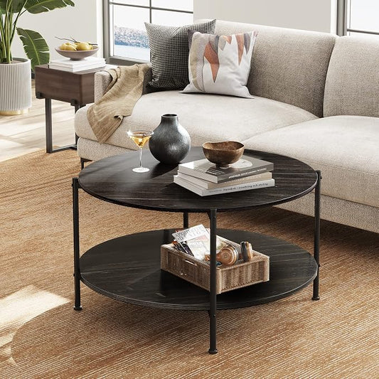 WLIVE Round Coffee Table for Living Room, 32.6" Small Coffee Table with Open Storage Shelf, 2-Tier Industrial Circle Wood Center Table for Bedroom, Home Office, Charcoal Black