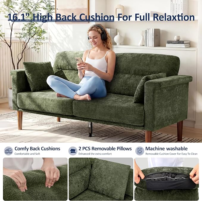 Vipbear 69" Loveseat Sofa,Modern Couches for Small Spaces,Green Chenille Love Seat Couch for Living Room,Bedroom,Apartment,Office,Deep Seat,Armrest Tabletop,Throw Pillow