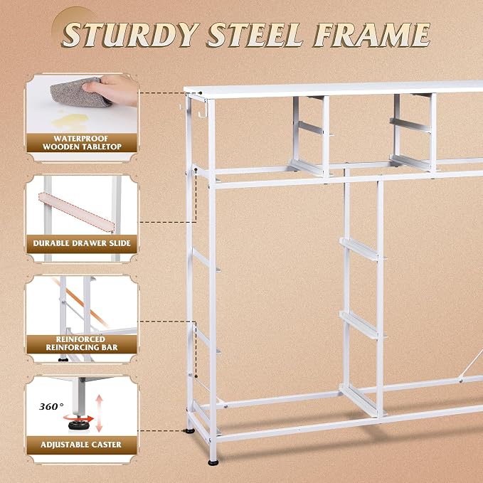 WLIVE White Dresser for Bedroom with 10 Drawers, Chest of Drawers with Side Pockets and Hooks, PU Storage Dresser, Sturdy Metal Frame, Drawers Organizer Unit for Living Room, Hallway, Closet