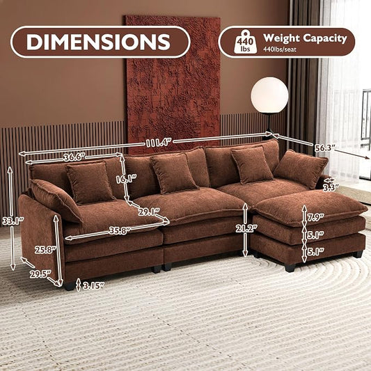 Ihanherry 111.4" L Shaped Modern Sofa Modular Sectional Luxurious and Comfortable with Ottoman, 4-Seat Chenille Deep Seat Sofa with Pillow for Living Room, Bedroom and Apartment, Brick Red