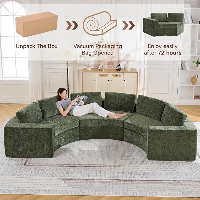 WUTUTUEE 139'' Curved Round Boneless Couch, Oversized Cloud Sofa with Deep Seat & Arms, Chenille Modular Sectional Sofa with Pillows, Upholstered Comfy 6 Seat Couch for Living Room, Green