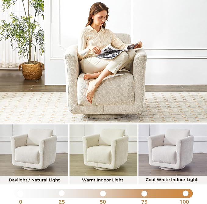 Swivel Accent Chair, 360° Barrel Chair with Solid Wood Frame & Removable Ergonomic Support Back Cushion, Fully Assembled Chenille Armchair for Living Room & Bedroom, Beige