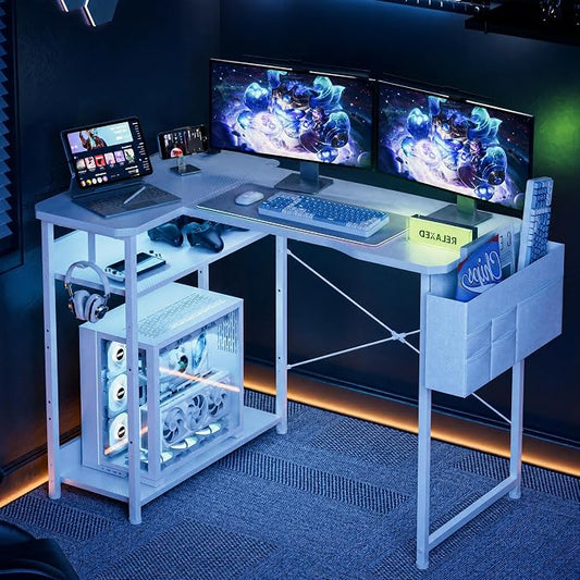 Acrolix L Shaped Gaming Desk 48 Inch - Computer Corner Desk with Power Outlets, Reversible Shelves & Storage Bag for Home Office, PC Gaming Table, White Carbon