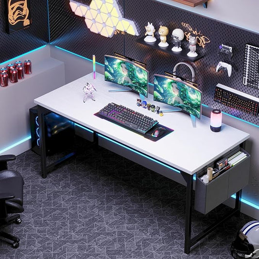 OLIXIS Computer Desk, 63 Inch Home Office Desks for Small Spaces, Writing Craft Study Gaming Table for Bedroom, Modern Computer Workstation with Storage Bag, White